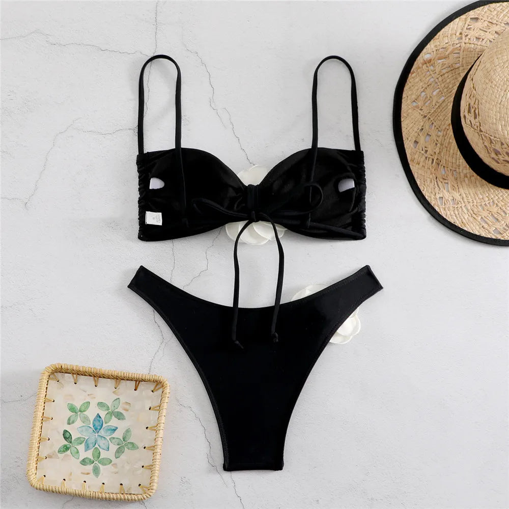 Sexy Flower Bandeau Swimwear Thong Bikini 2024 Women Lace-up Swimsuit