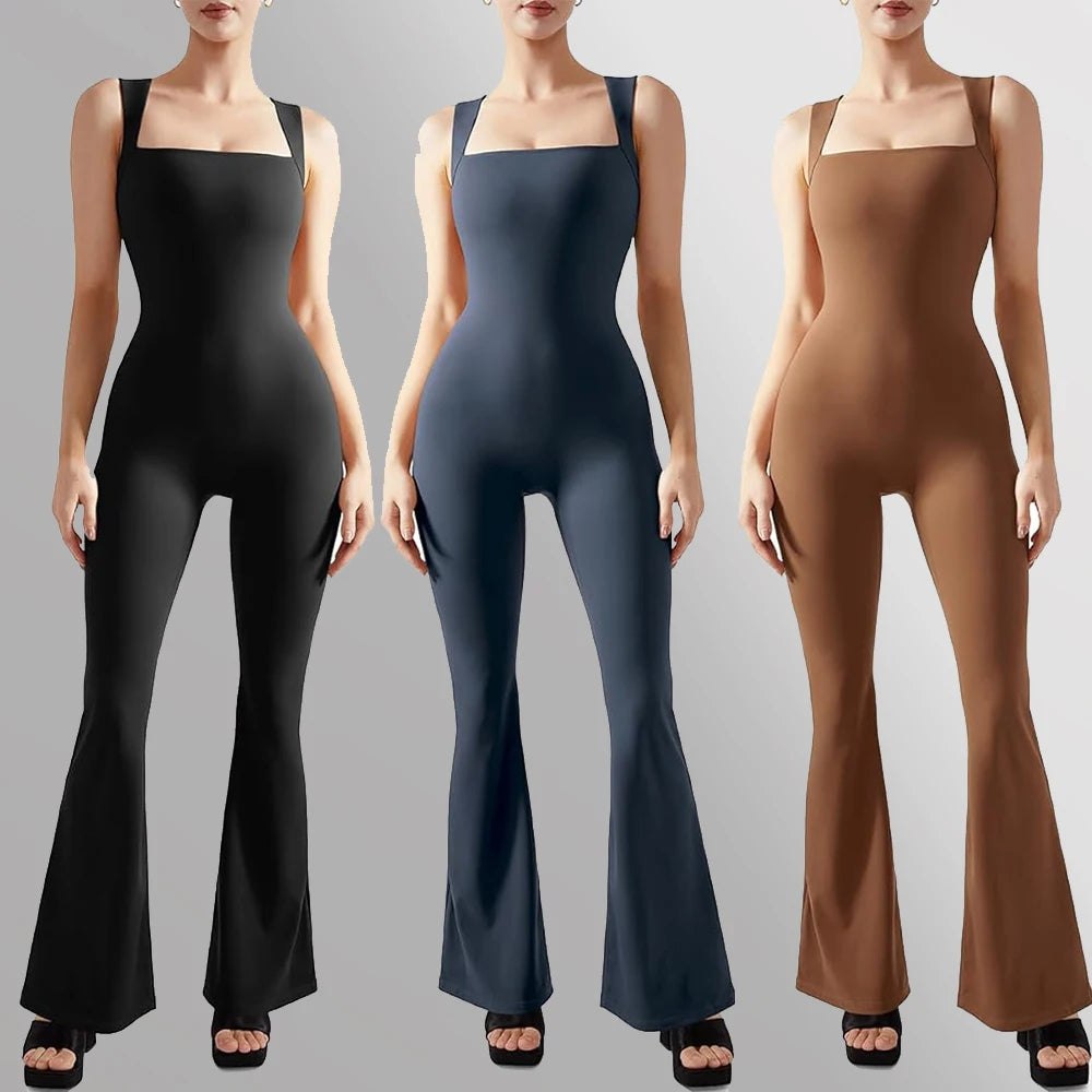 Women's Sleeveless Bodysuit Flared Pants with Square Neck