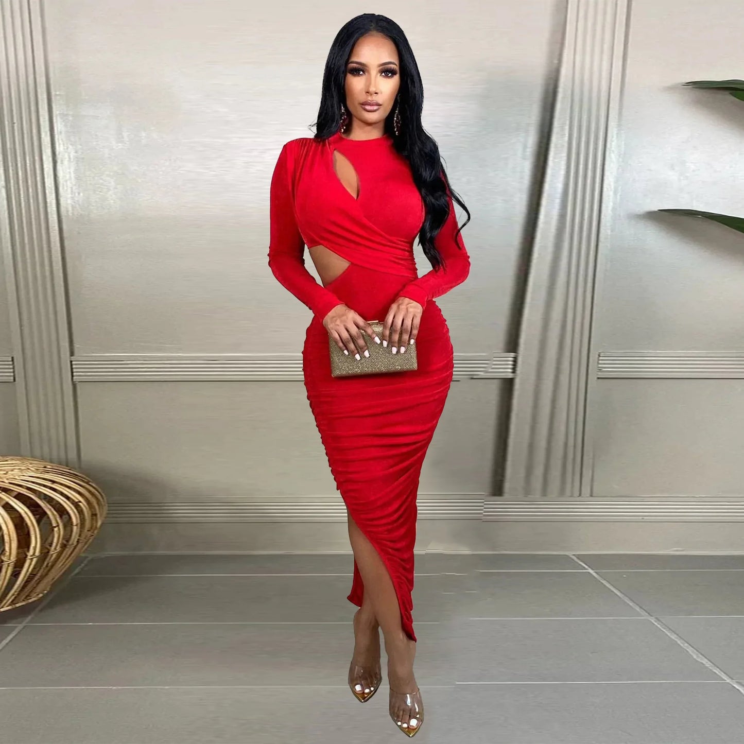 Women Wrap Cutout High Side Split Long Sleeve O-neck Maxi Dress.