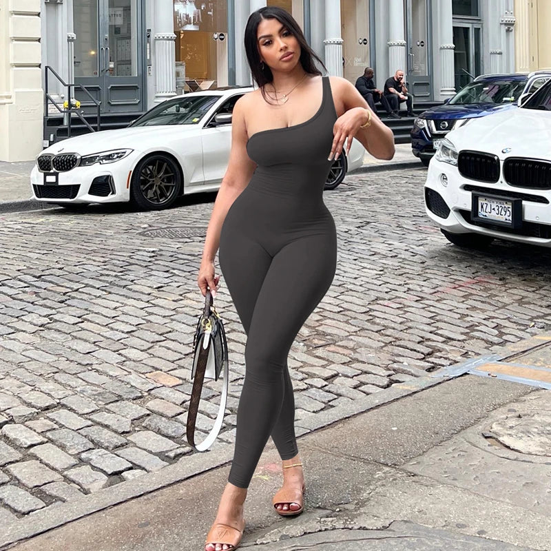Sexy Slant Collar One Shoulder Sleeveless Solid Pure Clubwear Jumpsuit