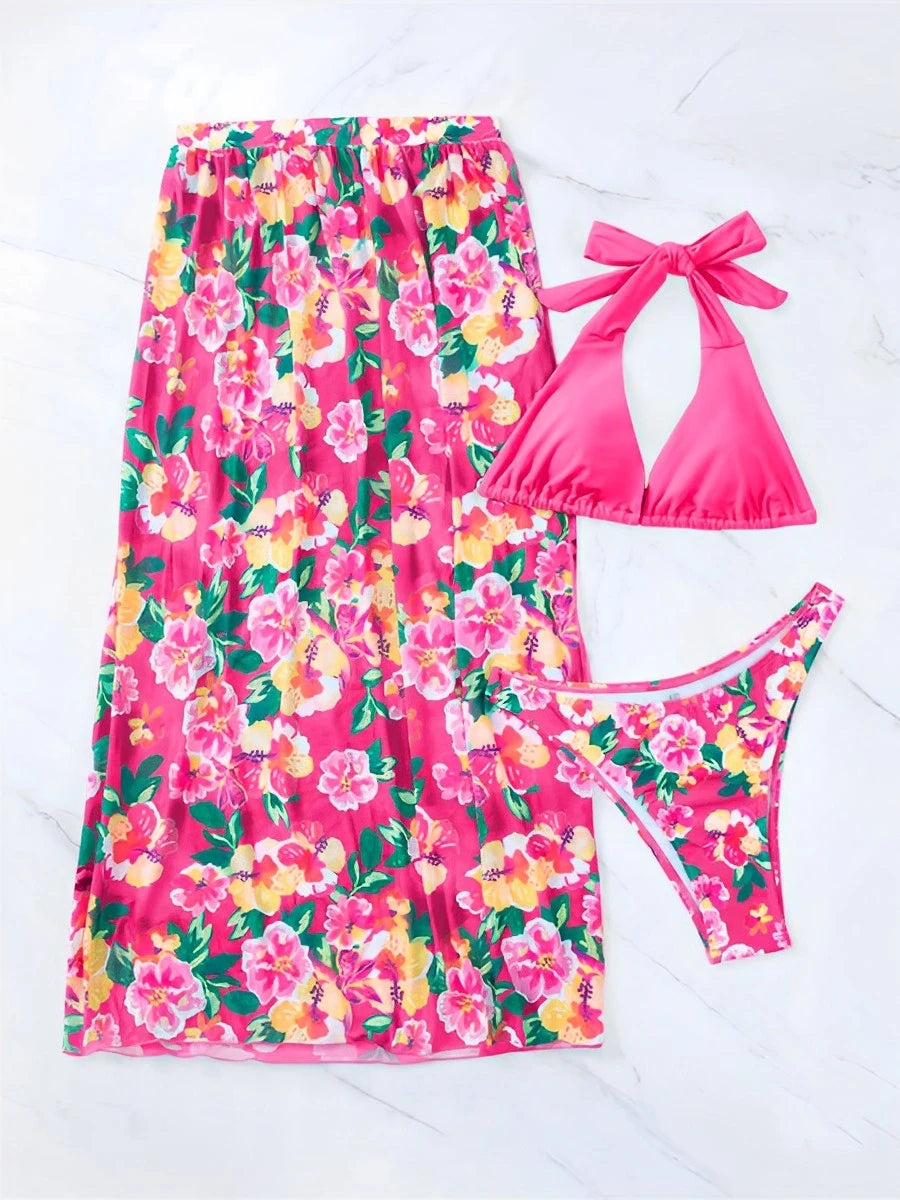 2024 Halter String Print 3 Piece Bikini Long Skirt Swimsuit Women