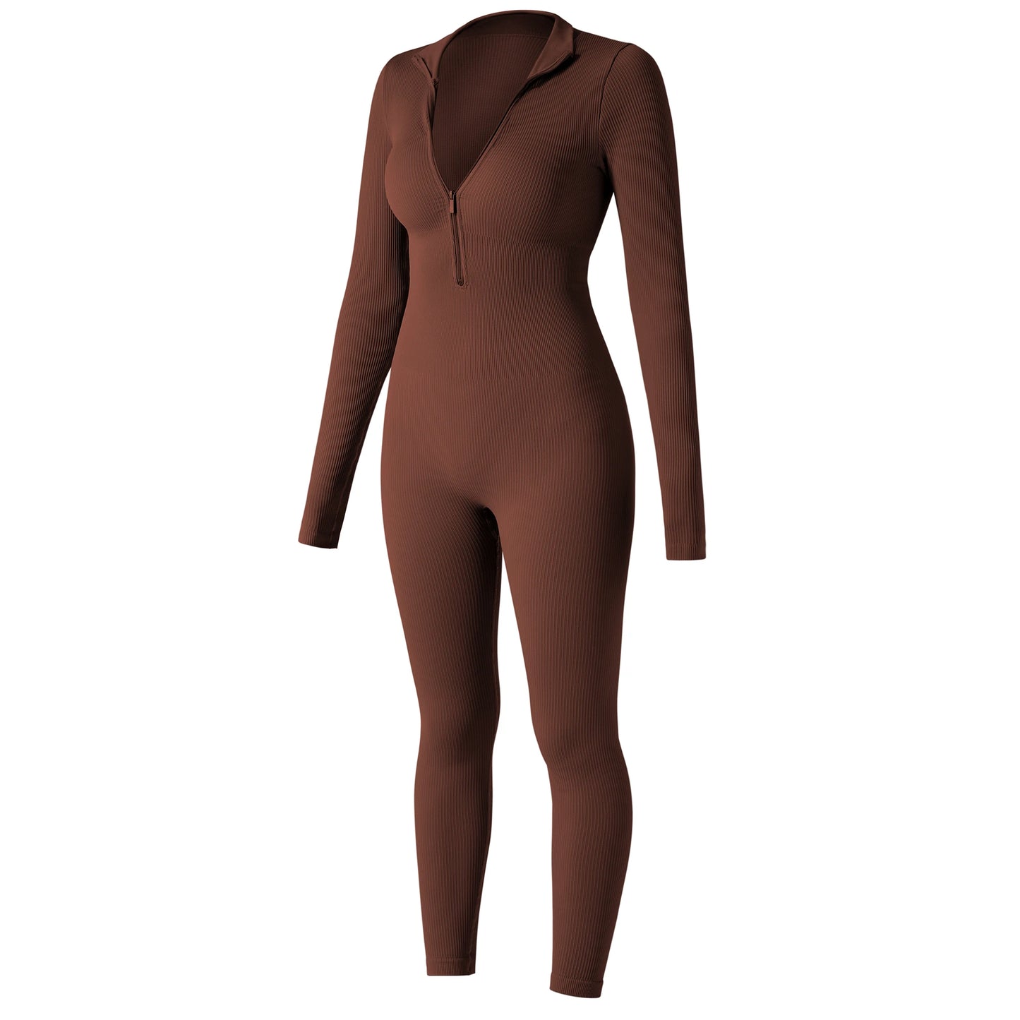 Women ‘s slim front Zipper Casual Brown Fitness Romper