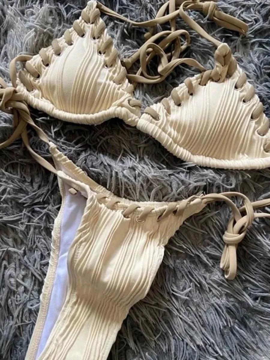 Halter Wrinkled Weave Bikini Women Swimwear