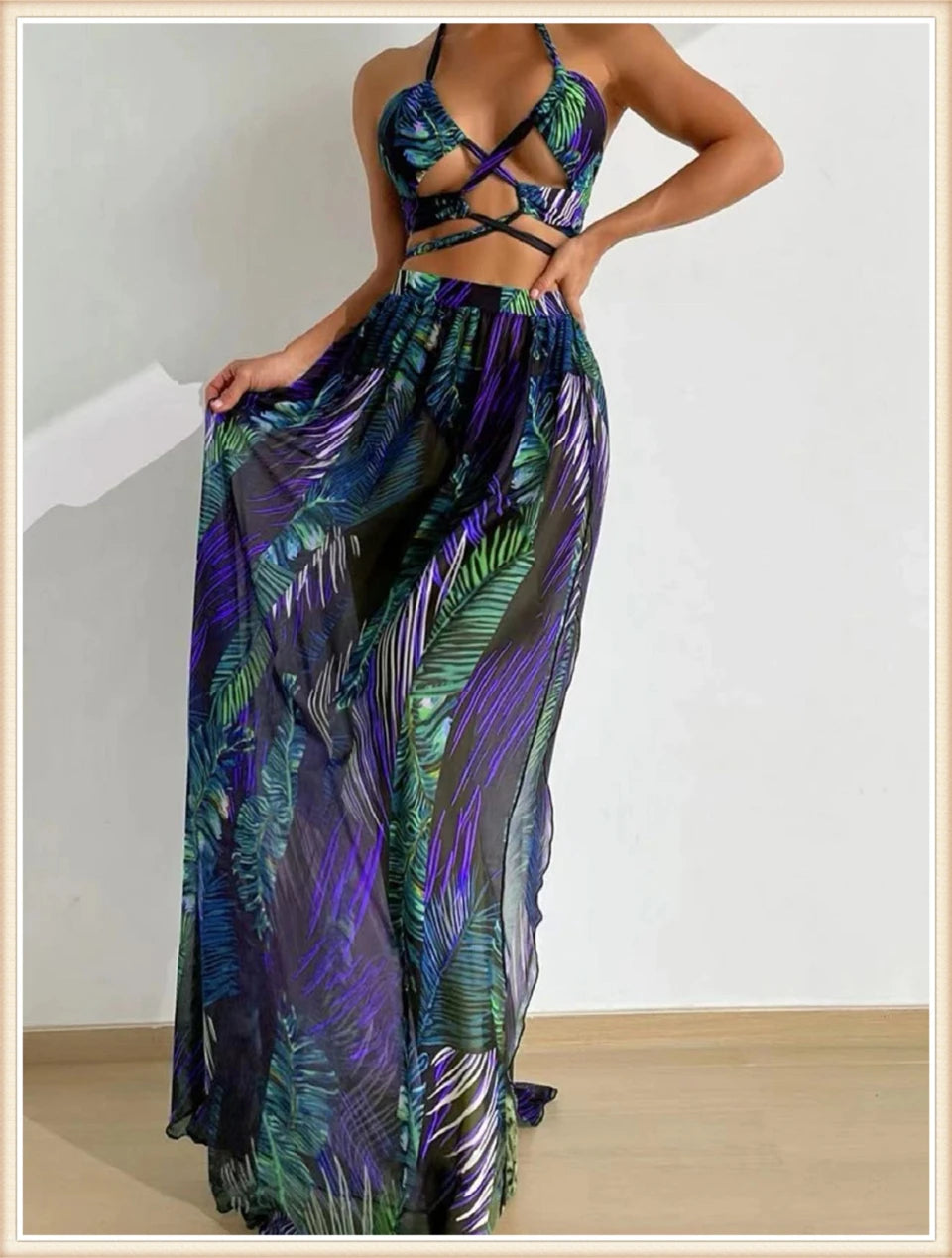 Women Sexy Halter Swimsuit & Cover Up Pants Swimwear