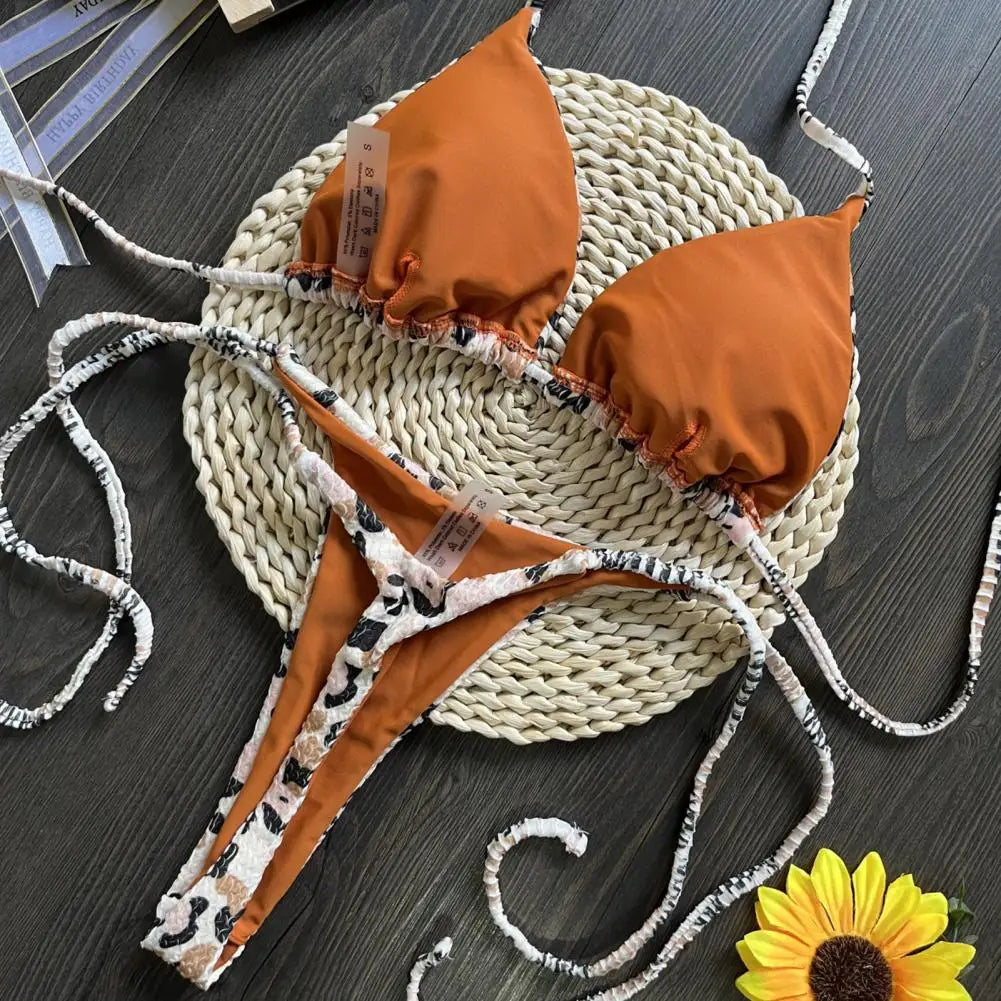 Lace-up Bikini Leopard Print Halter Bikini Set