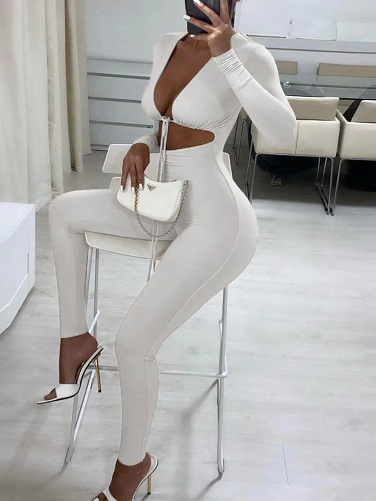 Kliou Solid Jumpsuit Drawstring Cleavage Waist Out One Piece Overall Sexy Body-Shaping Hipster Midnight Club Female Clothing