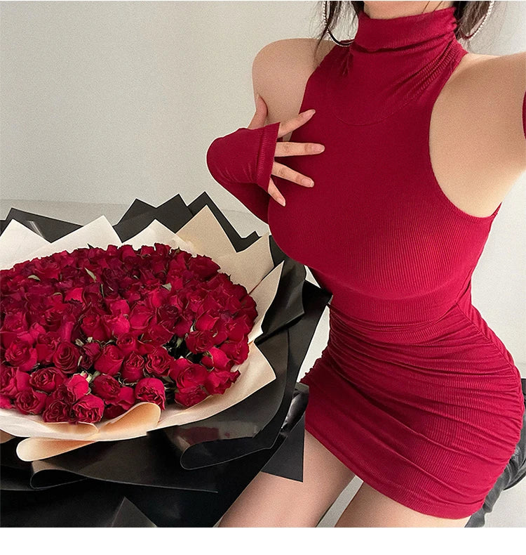 Sexy High Neck Tight Dress Oversleeve Pleated Bottom Wrapped Hip Dress
