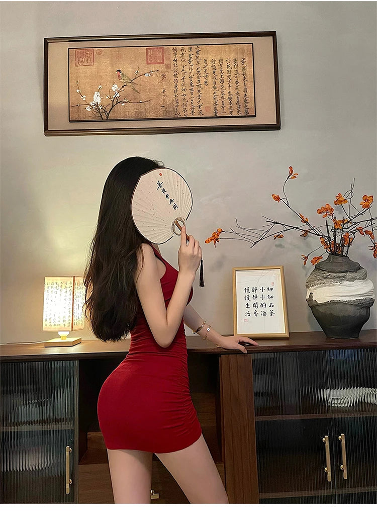 Sexy High Neck Tight Dress Oversleeve Pleated Bottom Wrapped Hip Dress
