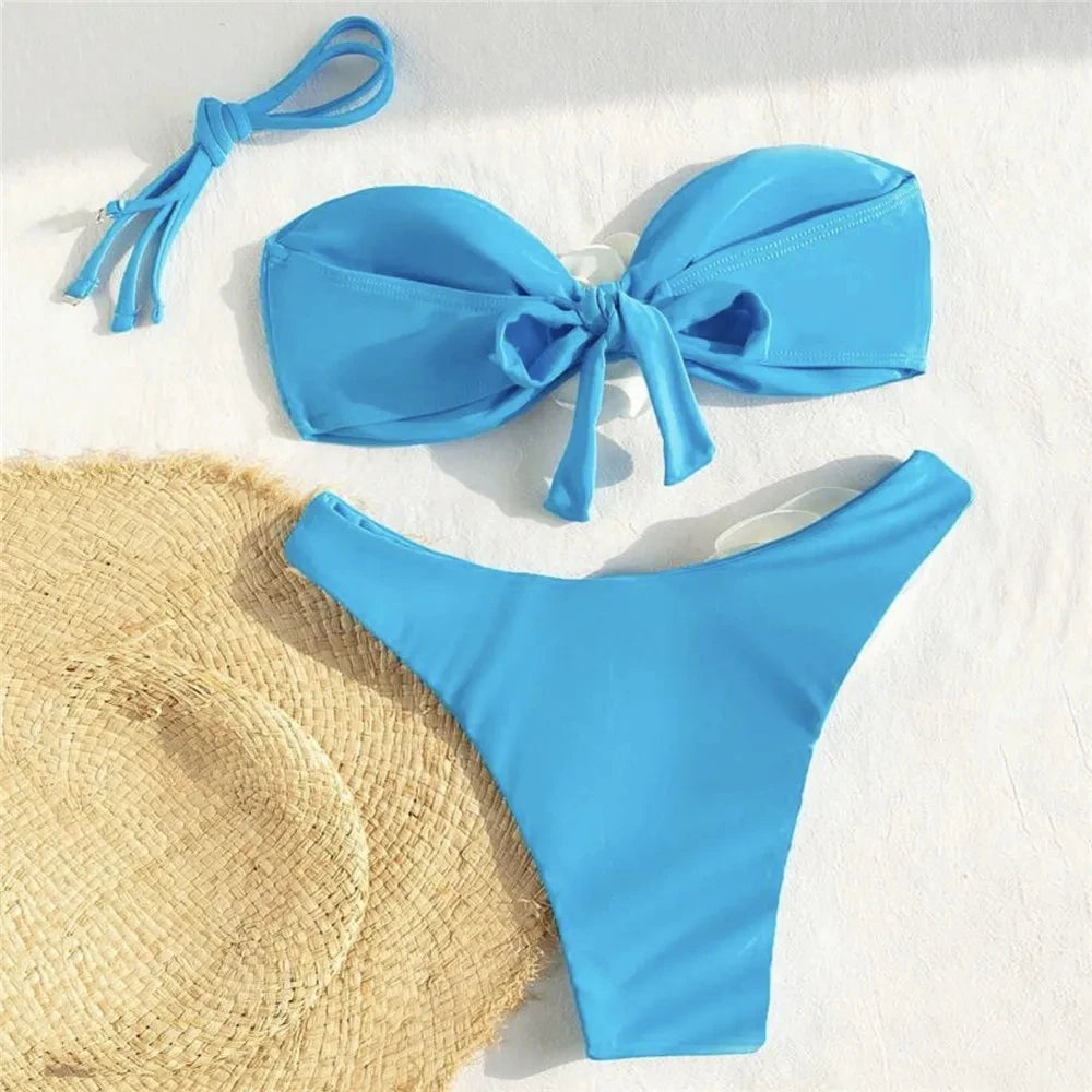 Sexy Flower Bandeau Swimwear Thong Bikini 2024 Women Lace-up Swimsuit