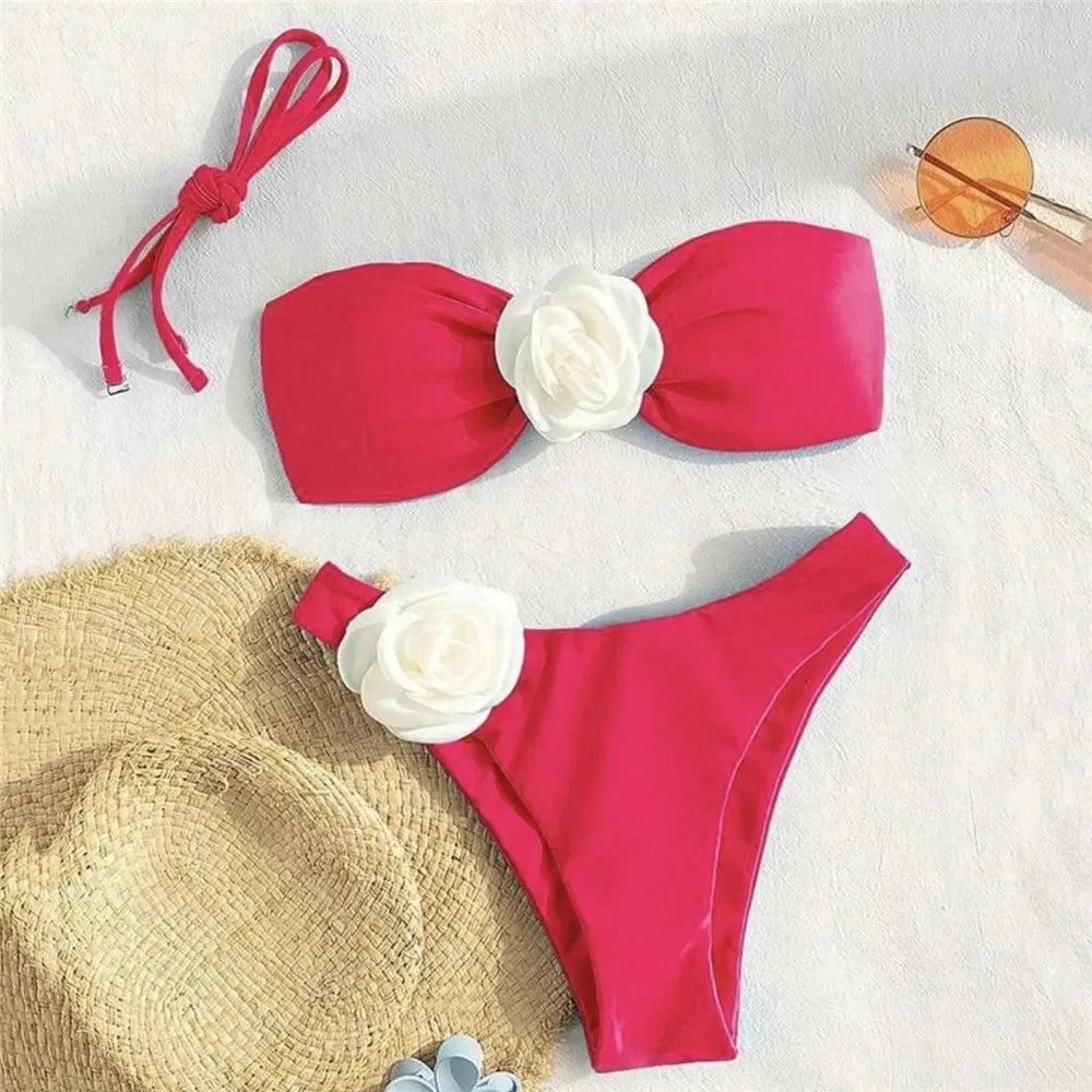 Sexy Flower Bandeau Swimwear Thong Bikini 2024 Women Lace-up Swimsuit