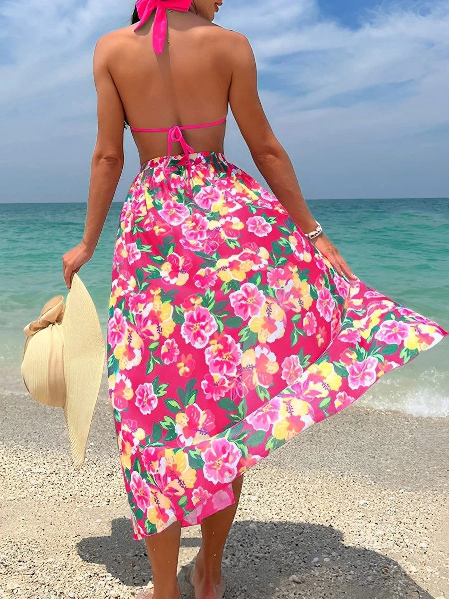 2024 Halter String Print 3 Piece Bikini Long Skirt Swimsuit Women