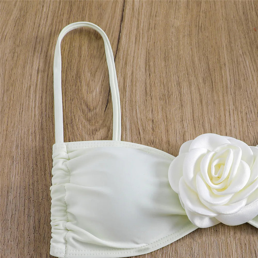 Sexy Flower Bandeau Swimwear Thong Bikini 2024 Women Lace-up Swimsuit