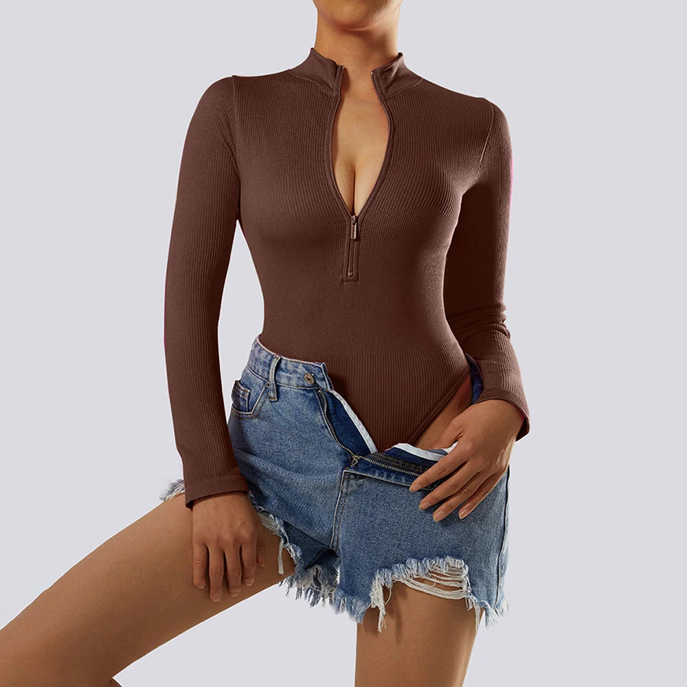 Women ‘s slim front Zipper Casual Brown Fitness Romper