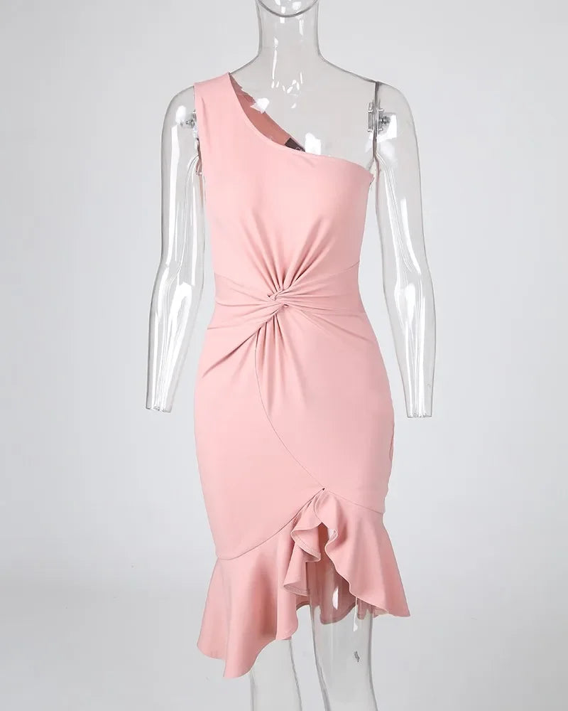 One Shoulder Twisted Slit Ruffles Party Mini Dress