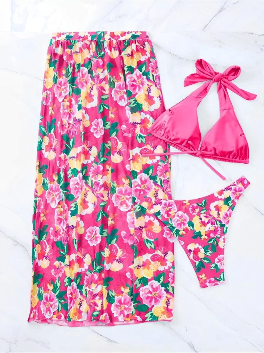 2024 Halter String Print 3 Piece Bikini Long Skirt Swimsuit Women