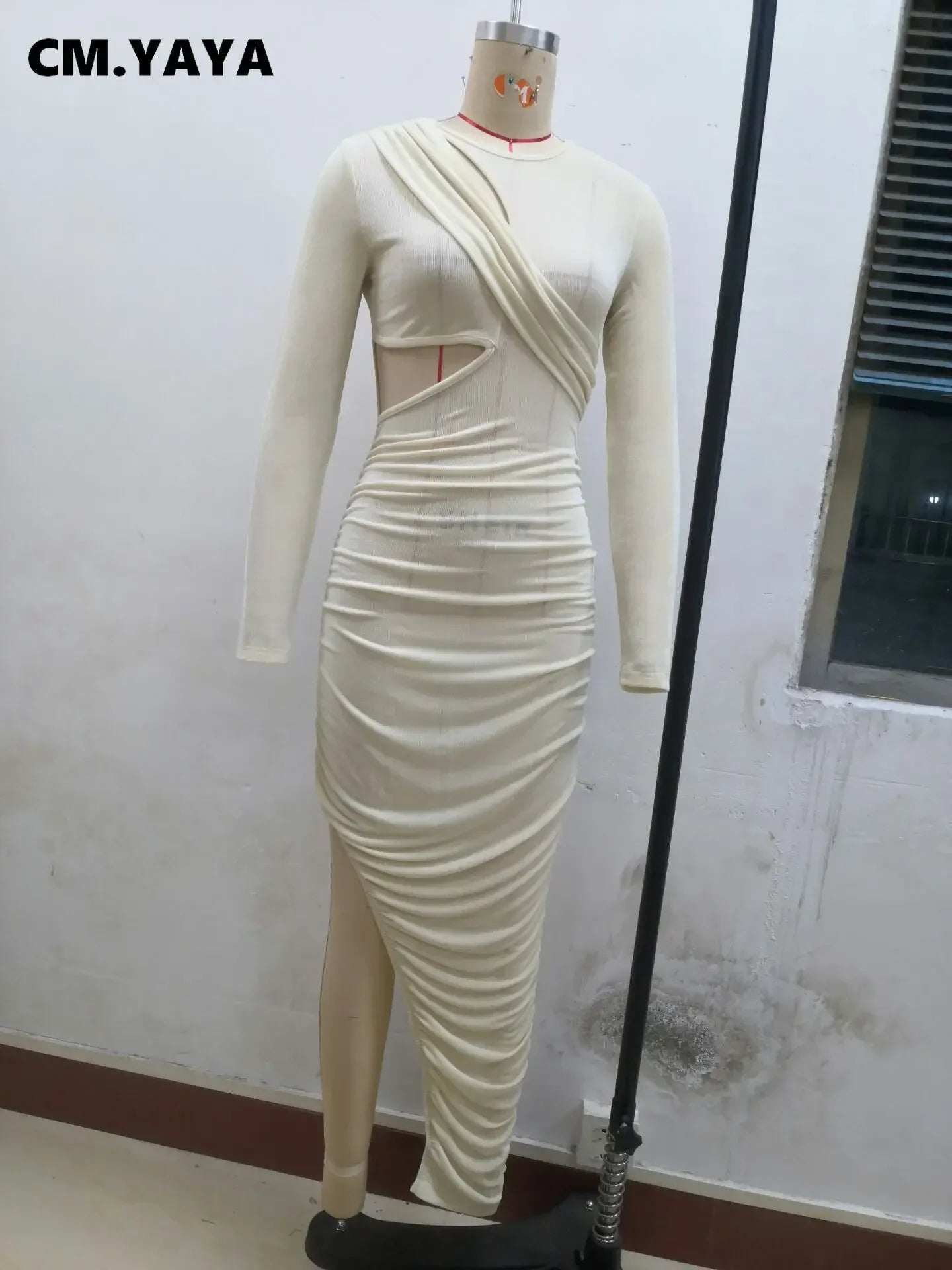 Women Wrap Cutout High Side Split Long Sleeve O-neck Maxi Dress.