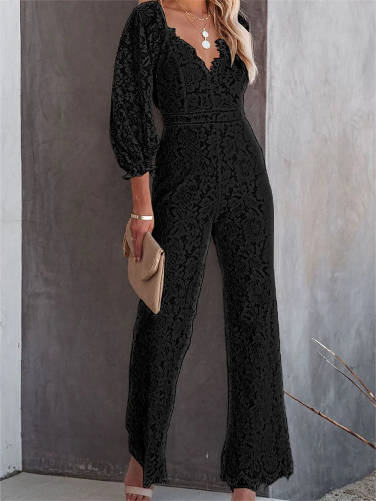 Elegant Women's Lace Wide Leg Pants Jumpsuits