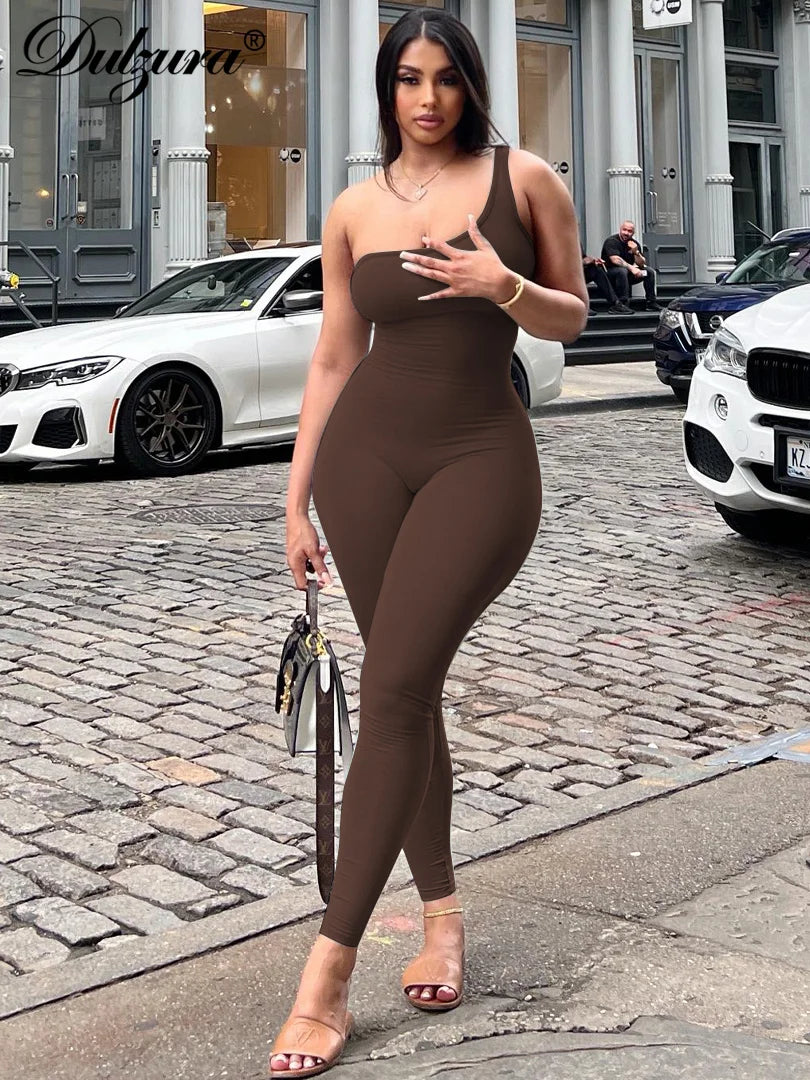 Sexy Slant Collar One Shoulder Sleeveless Solid Pure Clubwear Jumpsuit