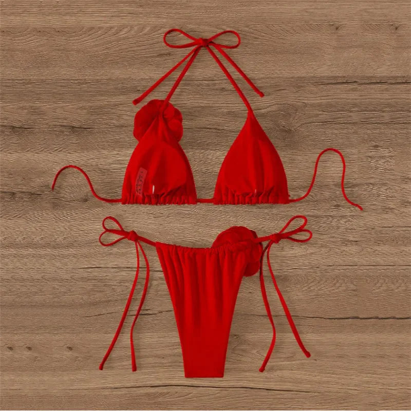 Sexy Flower Bandeau Swimwear Thong Bikini 2024 Women Lace-up Swimsuit