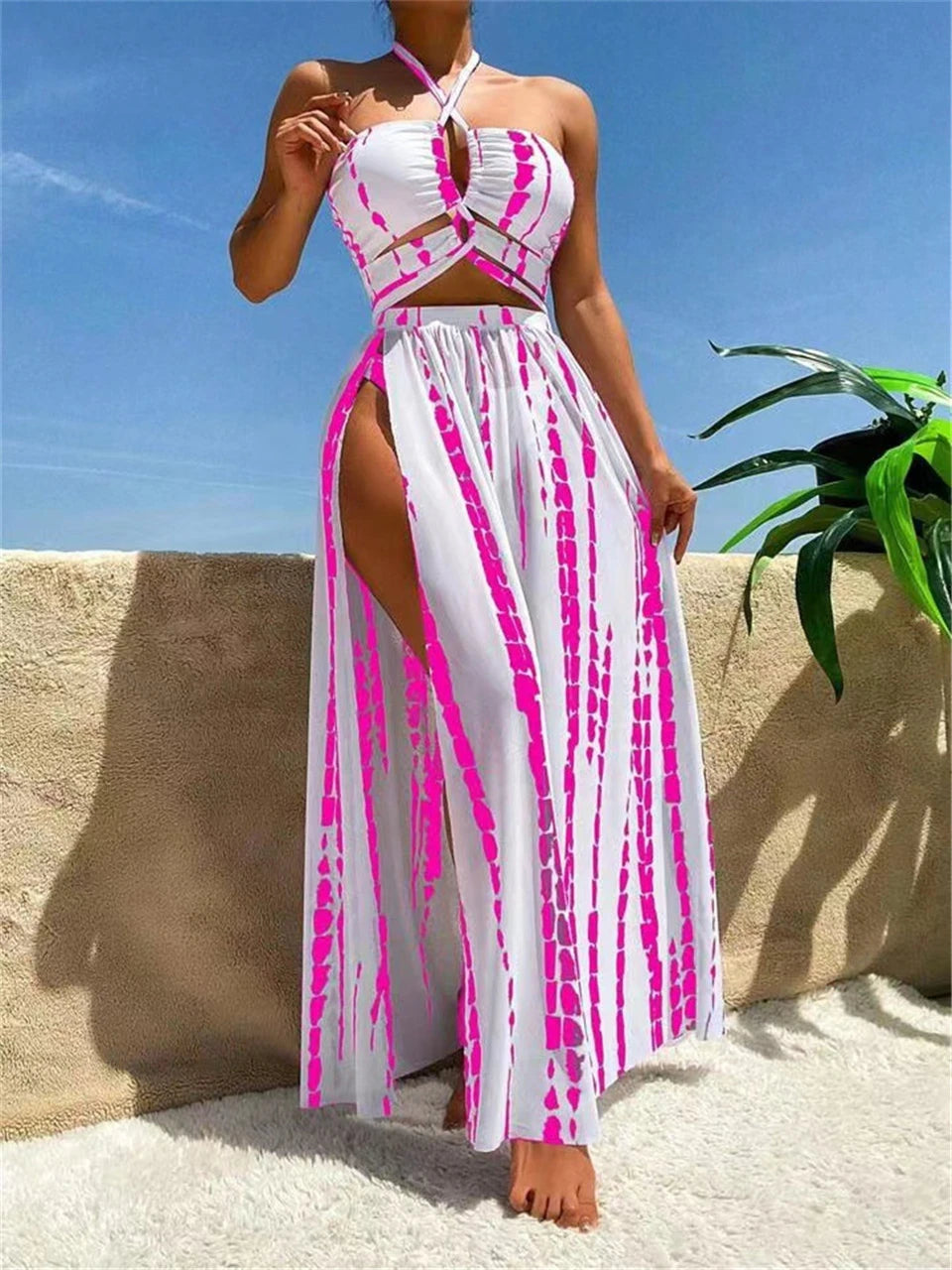 Women Sexy Halter Swimsuit & Cover Up Pants Swimwear