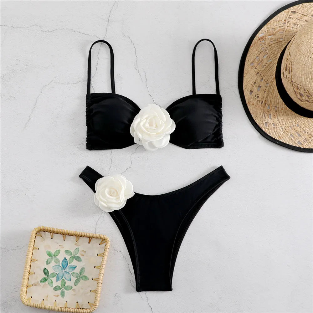 Sexy Flower Bandeau Swimwear Thong Bikini 2024 Women Lace-up Swimsuit