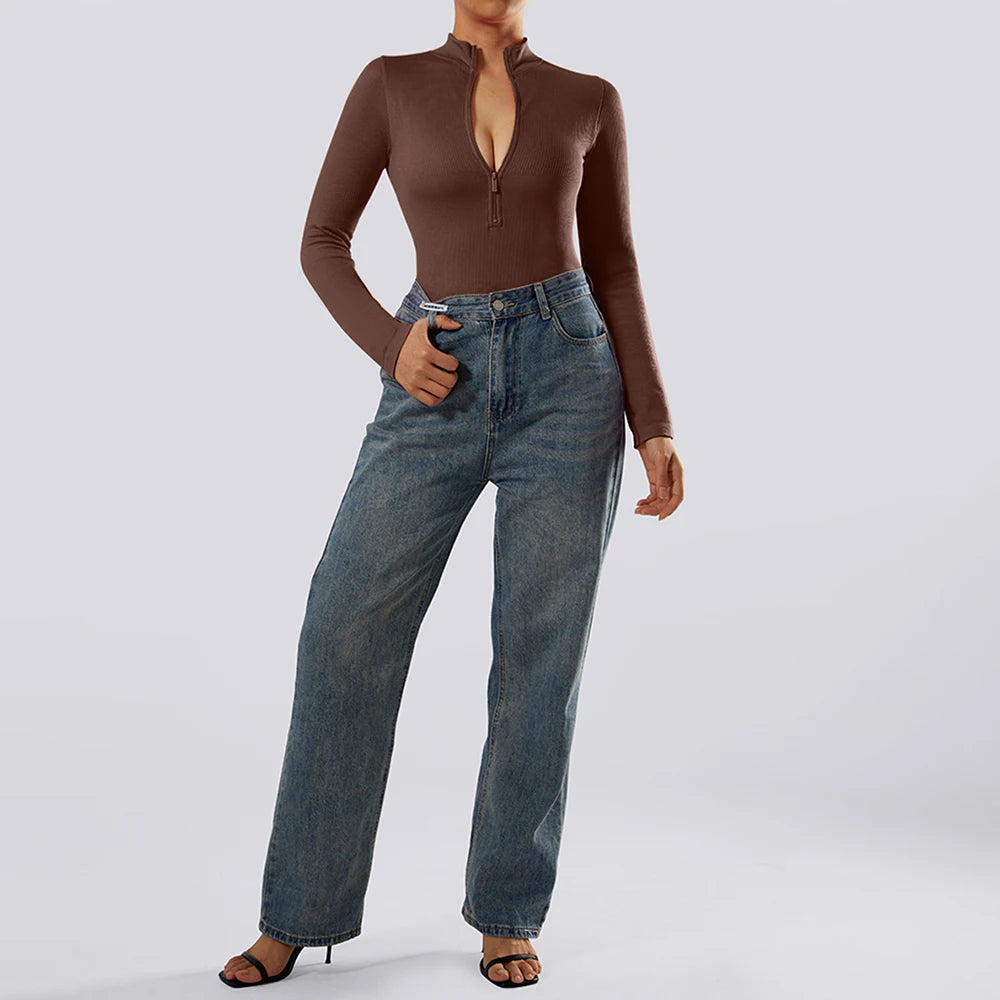 Women ‘s slim front Zipper Casual Brown Fitness Romper