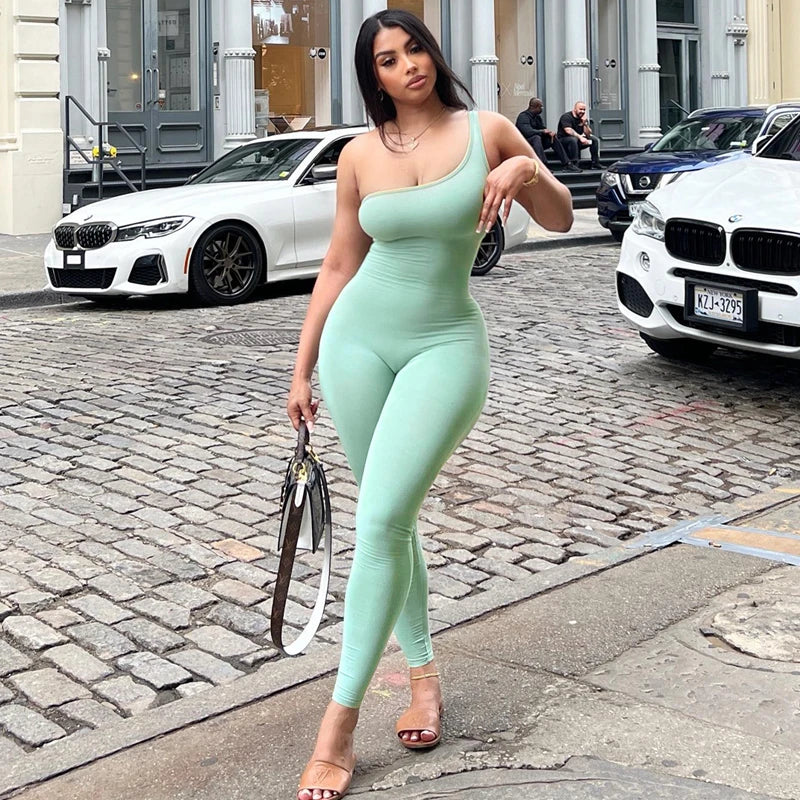 Sexy Slant Collar One Shoulder Sleeveless Solid Pure Clubwear Jumpsuit