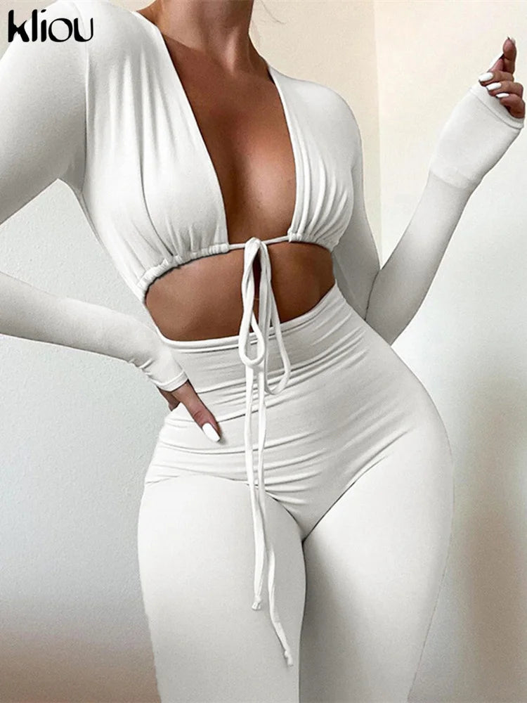 Kliou Solid Jumpsuit Drawstring Cleavage Waist Out One Piece Overall Sexy Body-Shaping Hipster Midnight Club Female Clothing