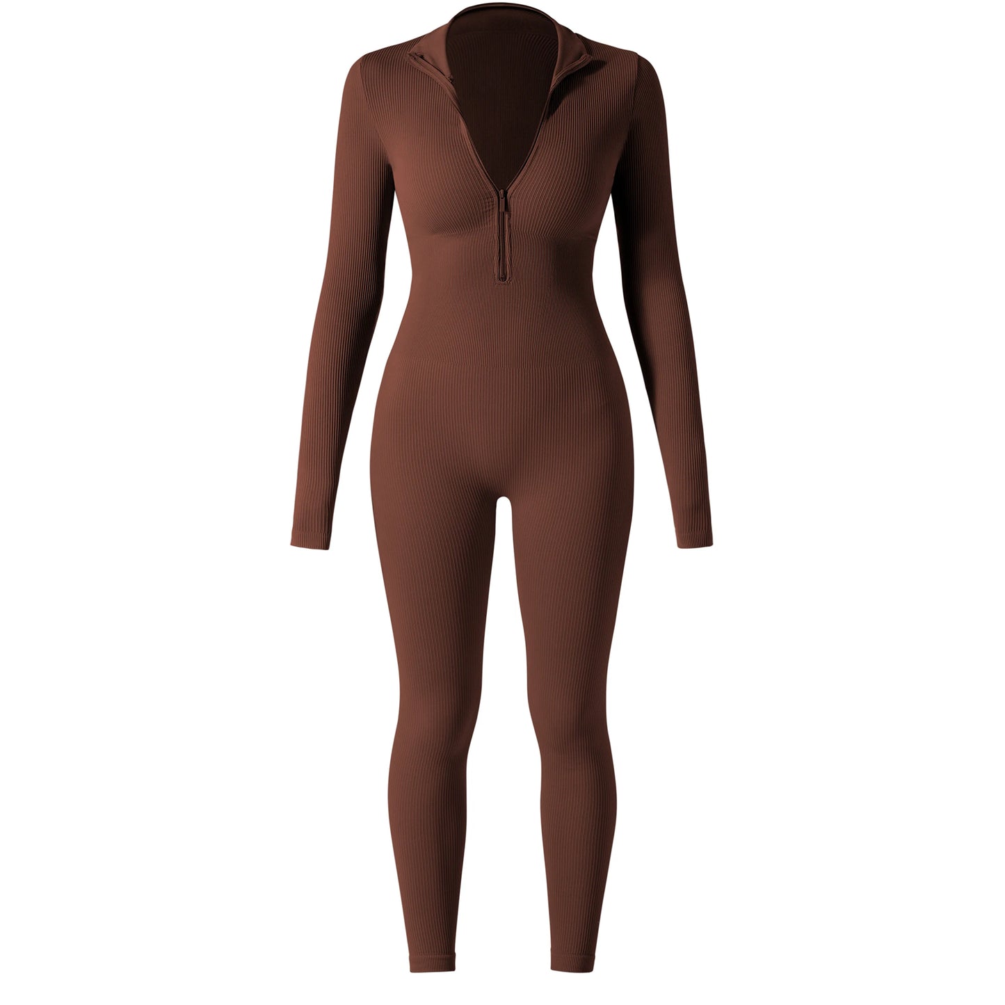 Women ‘s slim front Zipper Casual Brown Fitness Romper