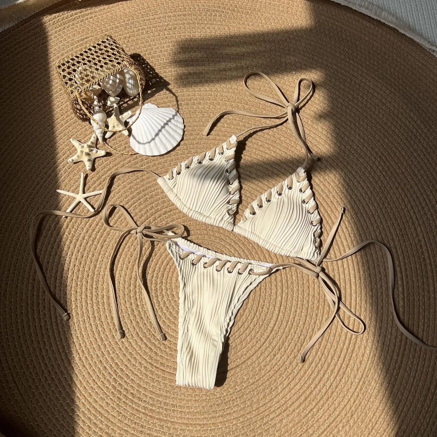 Halter Wrinkled Weave Bikini Women Swimwear