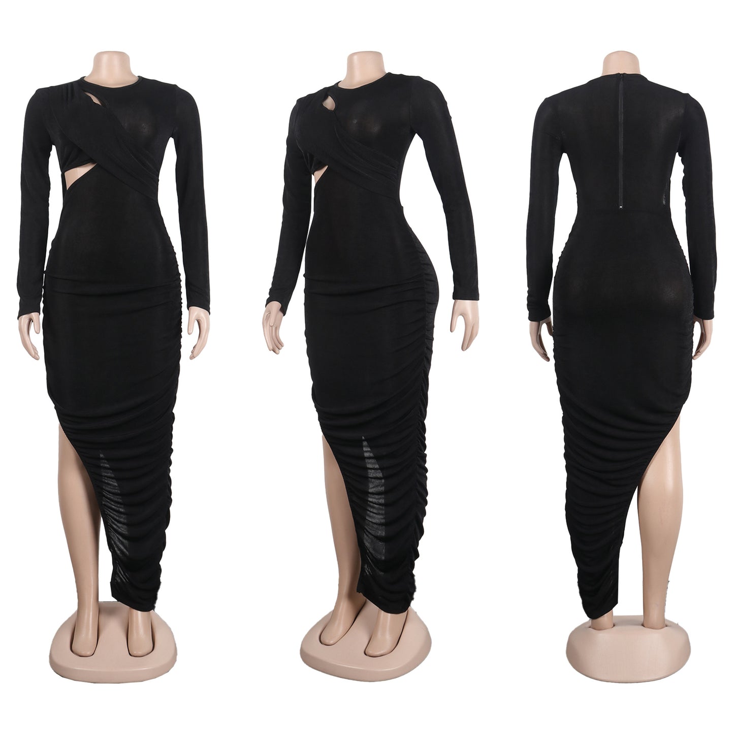 Women Wrap Cutout High Side Split Long Sleeve O-neck Maxi Dress.