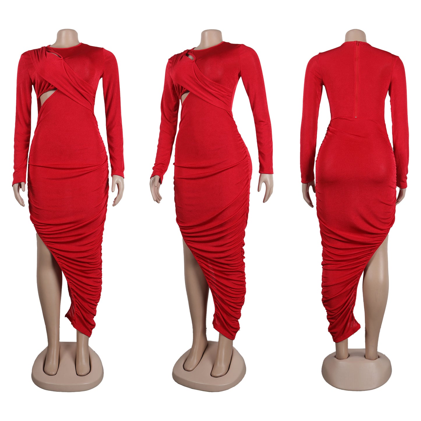 Women Wrap Cutout High Side Split Long Sleeve O-neck Maxi Dress.