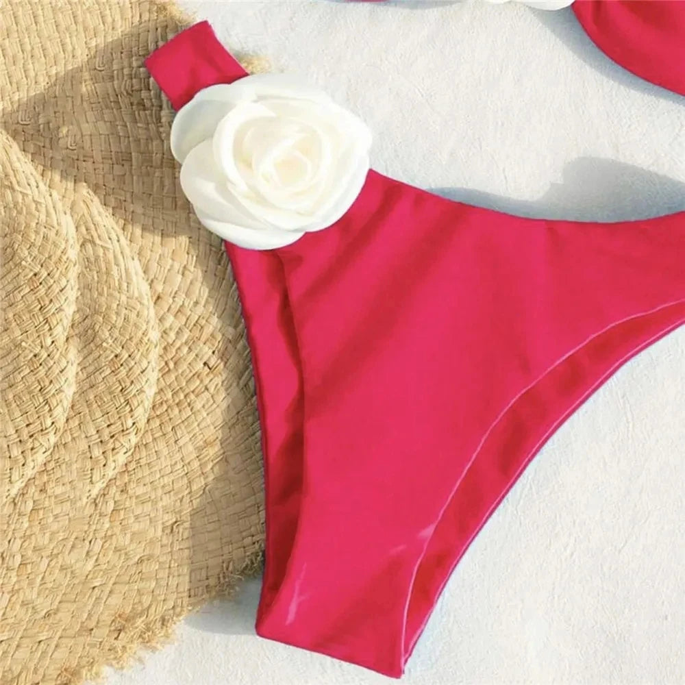 Sexy Flower Bandeau Swimwear Thong Bikini 2024 Women Lace-up Swimsuit
