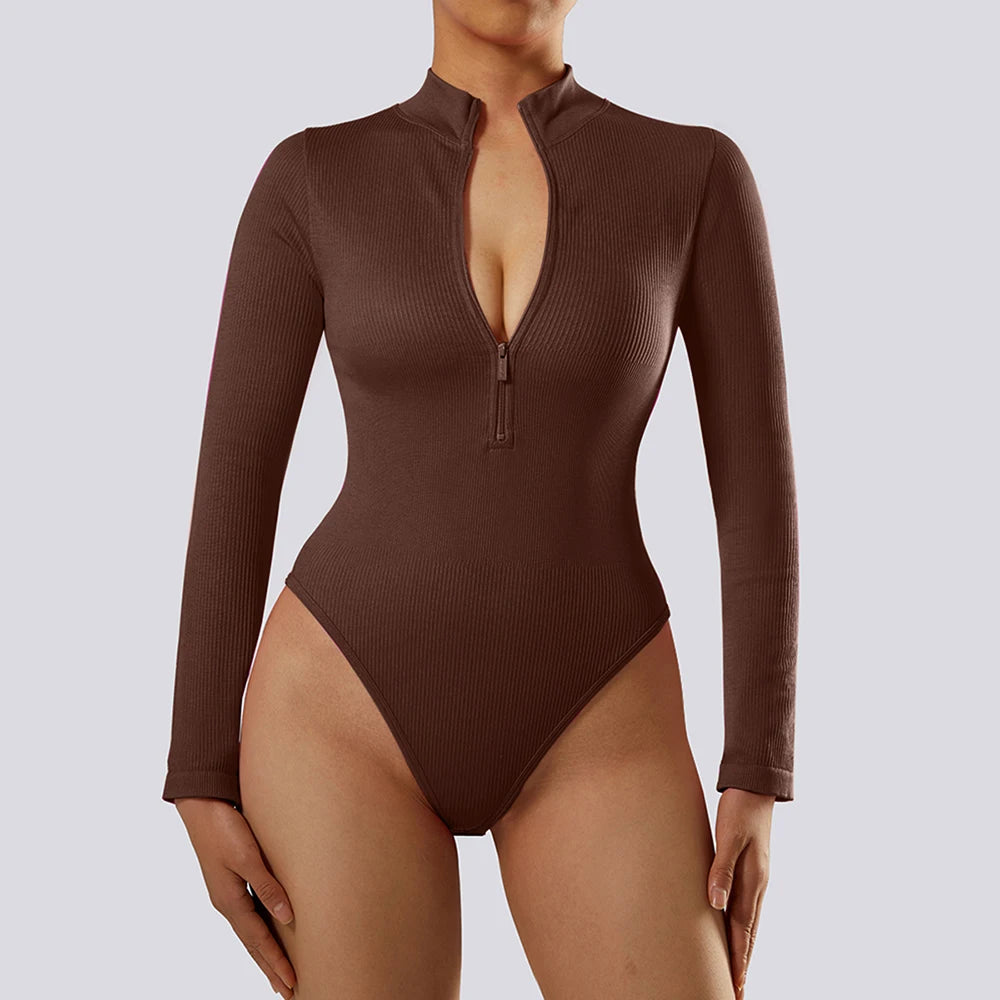 Women ‘s slim front Zipper Casual Brown Fitness Romper