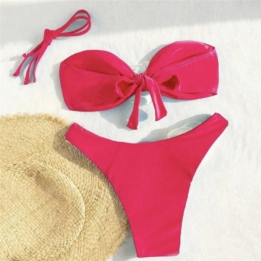 Sexy Flower Bandeau Swimwear Thong Bikini 2024 Women Lace-up Swimsuit