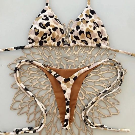 Lace-up Bikini Leopard Print Halter Bikini Set