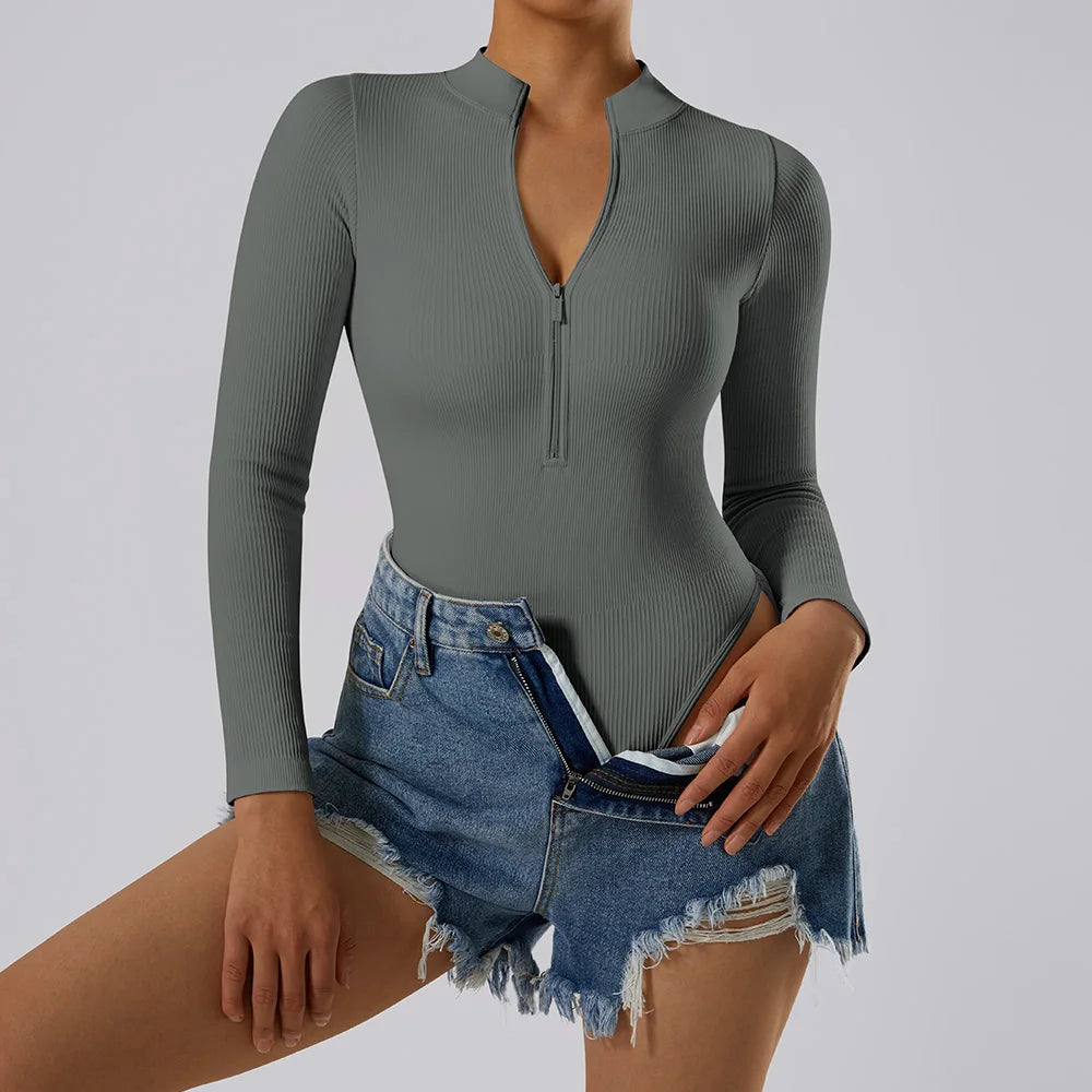 Women ‘s slim front Zipper Casual Brown Fitness Romper