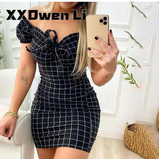 Sexy Plaid Off Shoulder Mini Dress