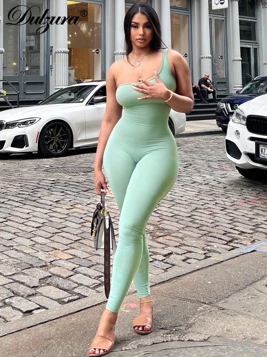 Sexy Slant Collar One Shoulder Sleeveless Solid Pure Clubwear Jumpsuit