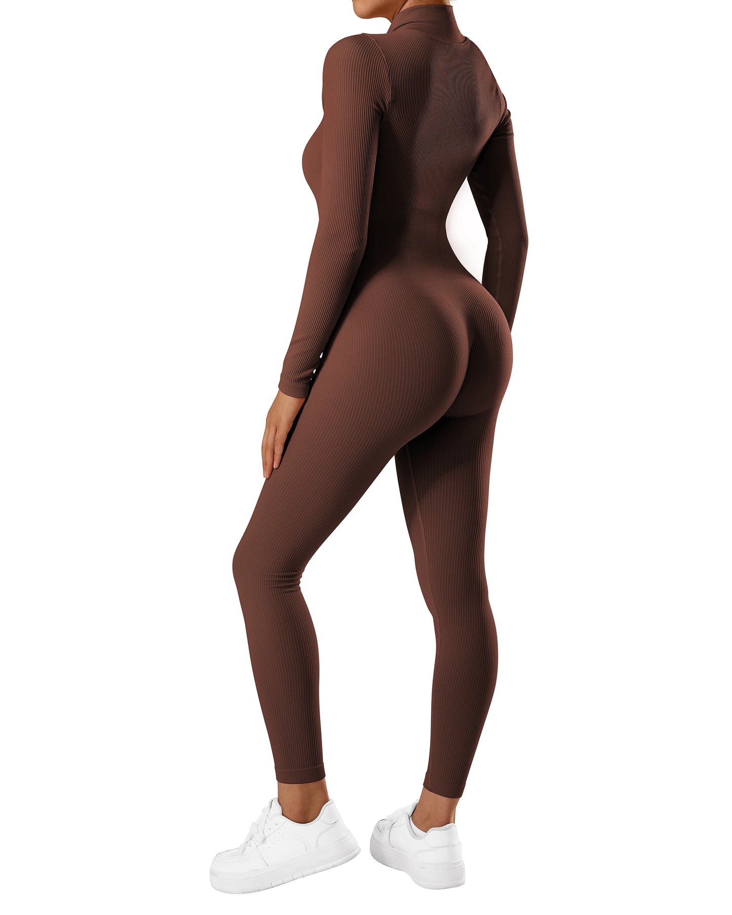 Women ‘s slim front Zipper Casual Brown Fitness Romper