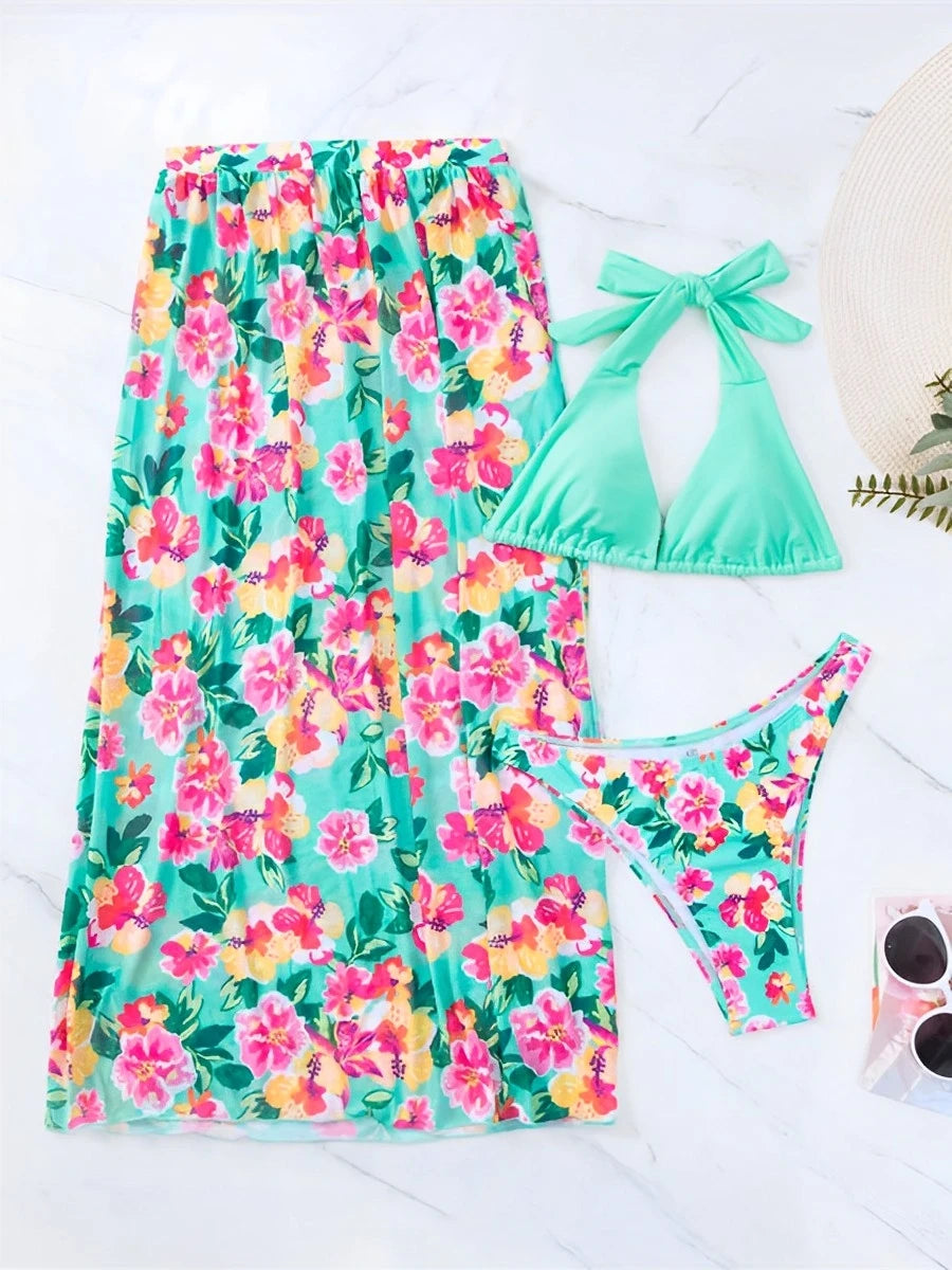 2024 Halter String Print 3 Piece Bikini Long Skirt Swimsuit Women