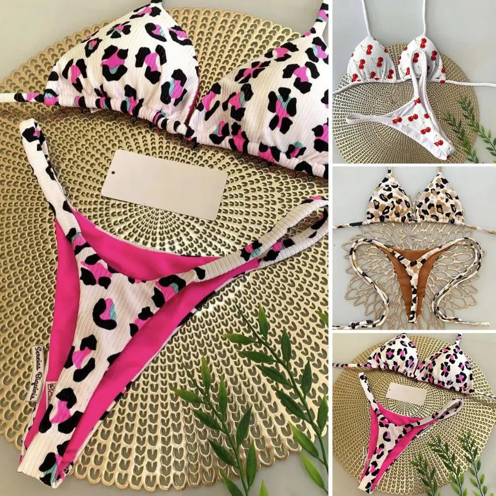 Lace-up Bikini Leopard Print Halter Bikini Set
