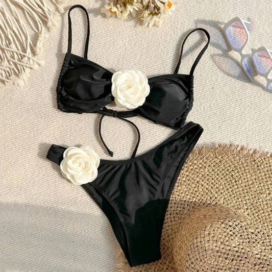 Sexy Flower Bandeau Swimwear Thong Bikini 2024 Women Lace-up Swimsuit