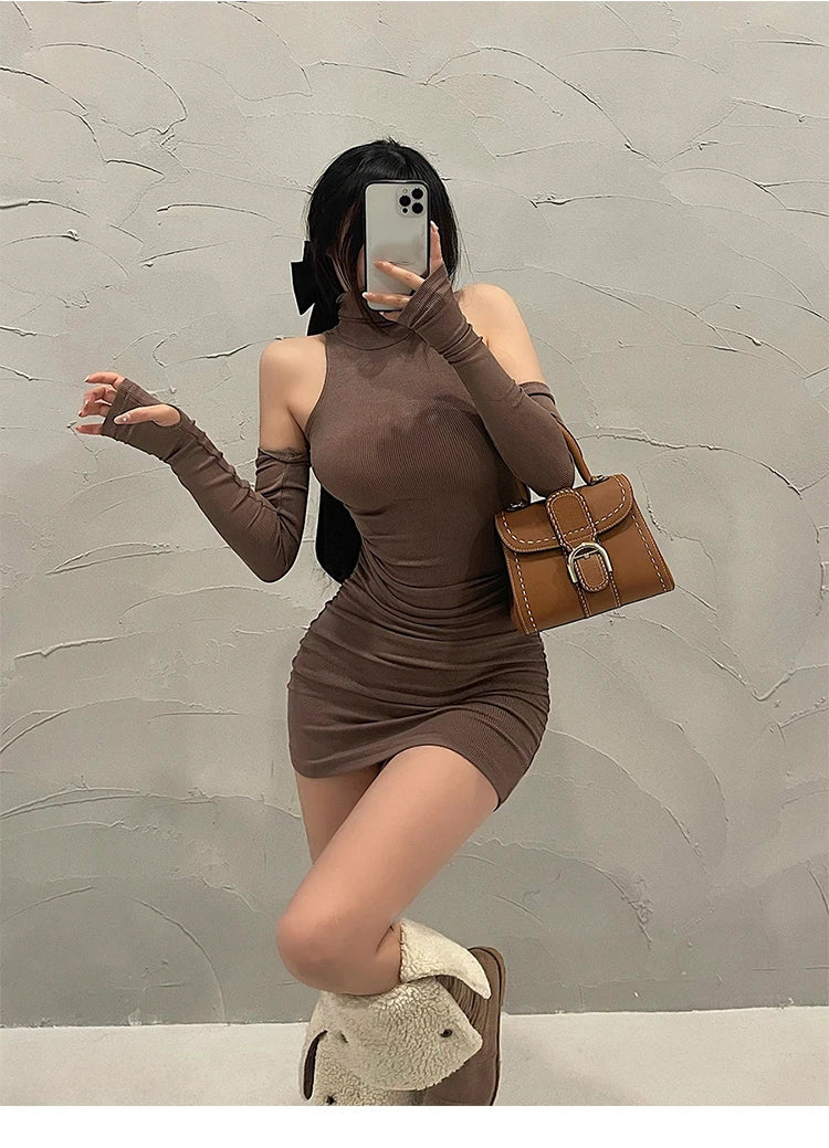 Sexy High Neck Tight Dress Oversleeve Pleated Bottom Wrapped Hip Dress