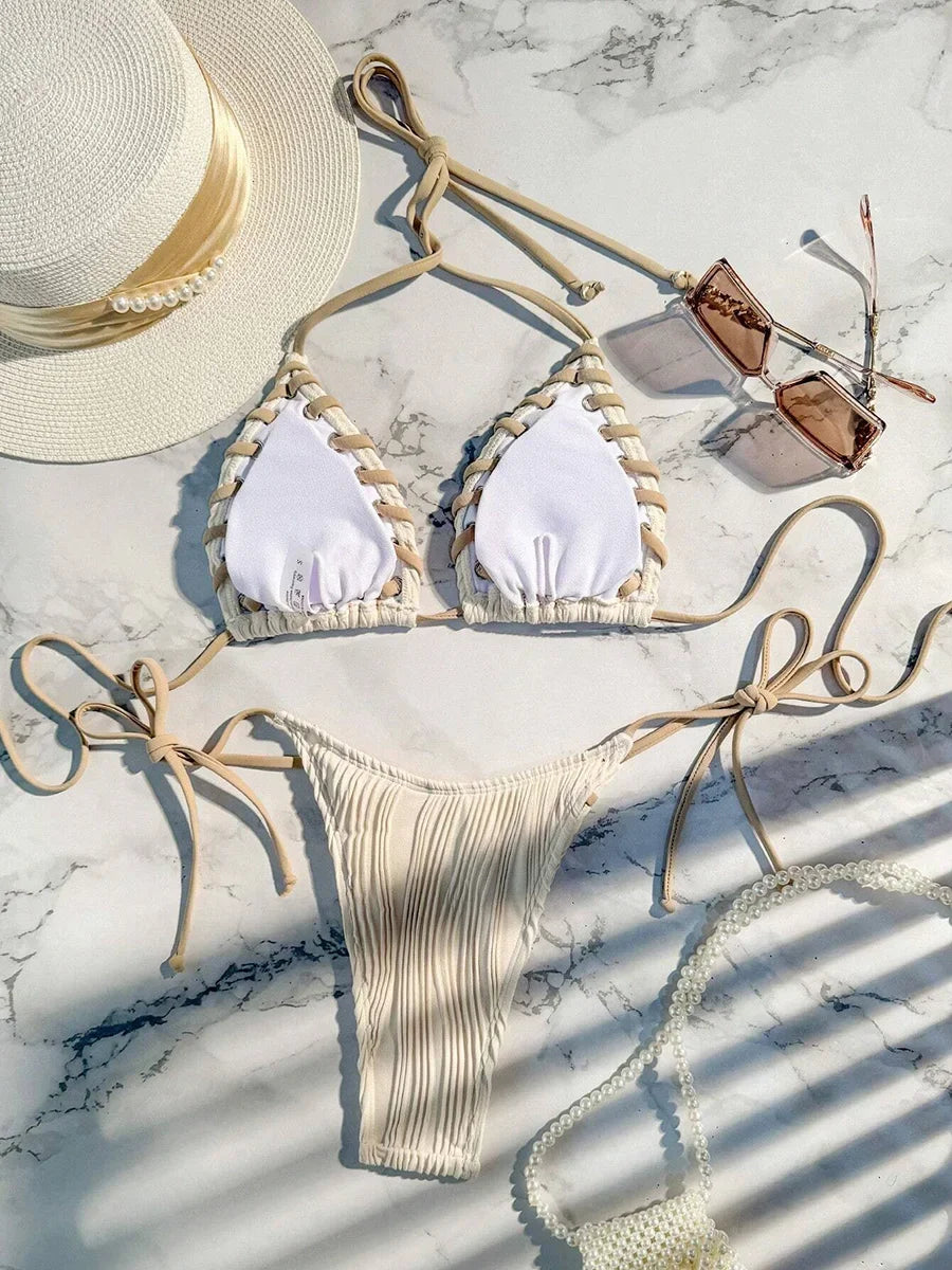 Halter Wrinkled Weave Bikini Women Swimwear