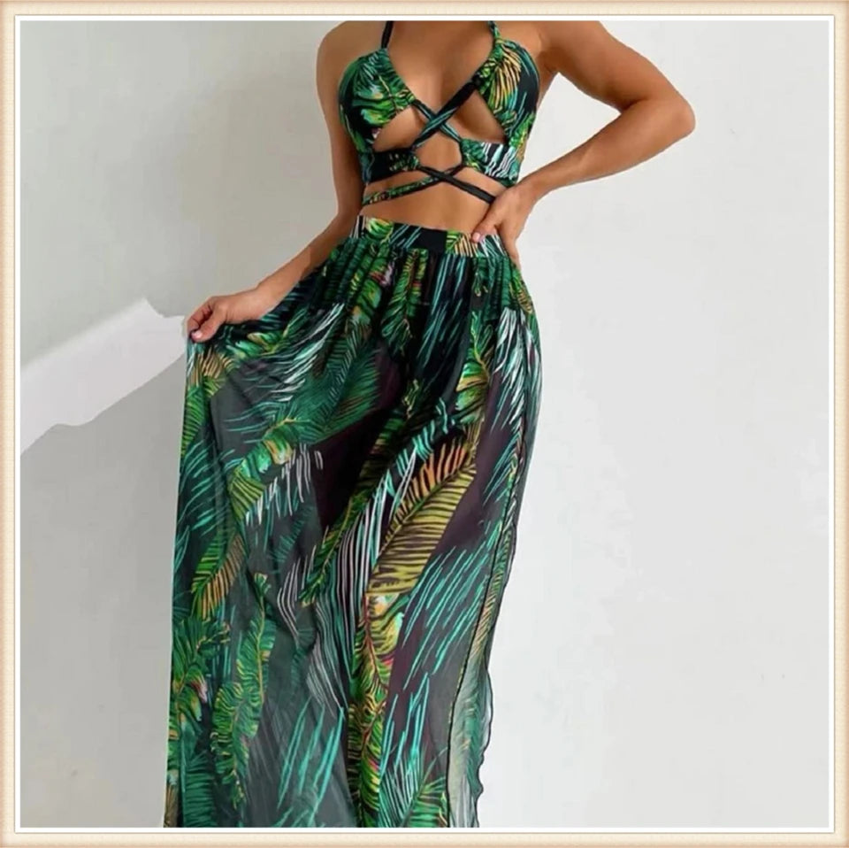 Women Sexy Halter Swimsuit & Cover Up Pants Swimwear